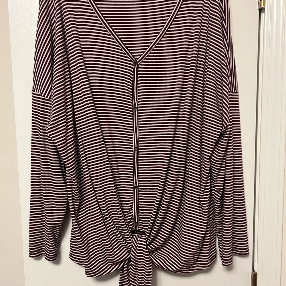 EVRI Burgundy and White Striped V-Neck Blouse